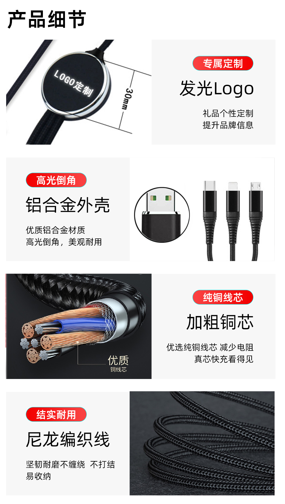 LOGO發光三合一數據線細節